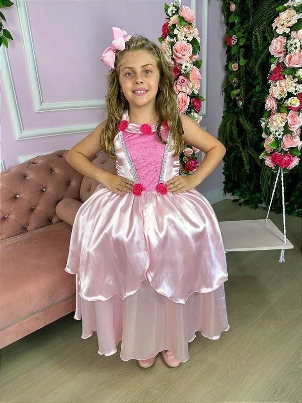 Fantasia Vestido Infantil Temático Menina Princesa Bela Adormecida e Aurora Rosa Chiclete Luxo