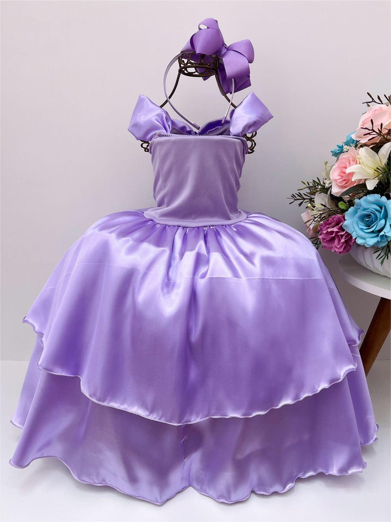 Fantasia Vestido Temático Menina Infantil Princesa Sofia e Rapunzel Lilás Renda Luxo Festa