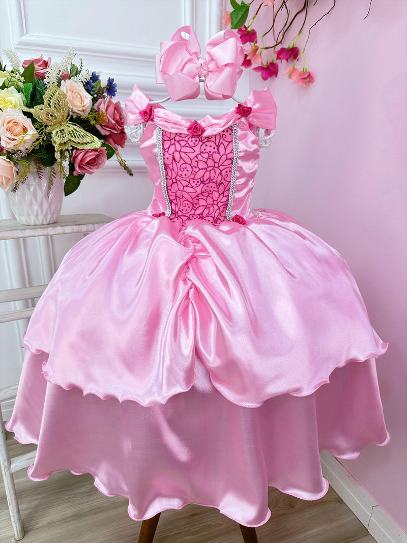 Fantasia Vestido Infantil Temático Menina Princesa Bela Adormecida e Aurora Rosa Chiclete Luxo