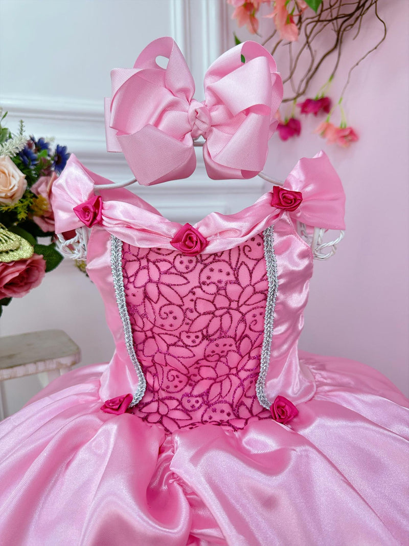 Fantasia Vestido Infantil Temático Menina Princesa Bela Adormecida e Aurora Rosa Chiclete Luxo