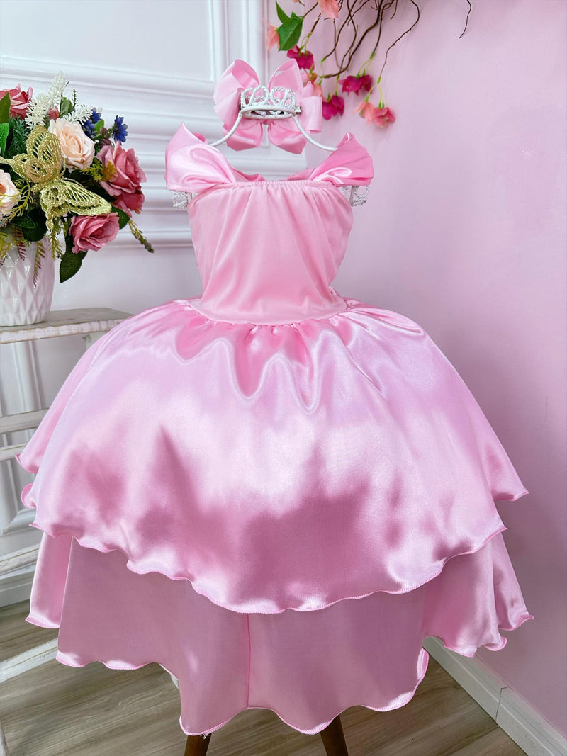 Fantasia Vestido Infantil Temático Menina Princesa Bela Adormecida e Aurora Rosa Chiclete Luxo