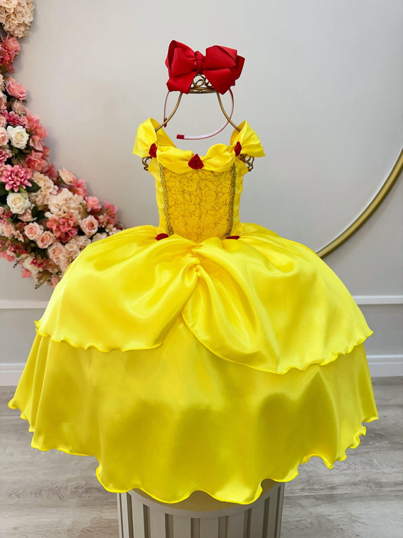 Vestido Fantasia Temático Menina Personagem Bela e a Fera Amarela Com Renda Dourada Luxo