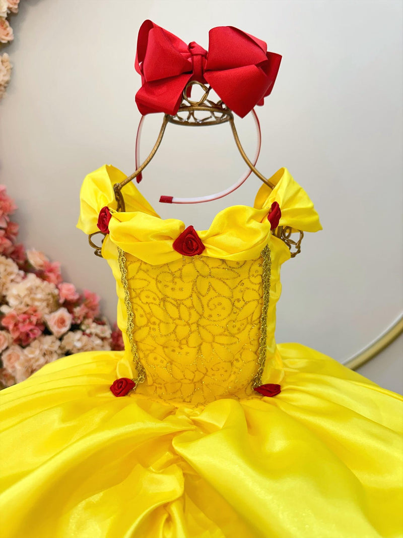 Vestido Fantasia Temático Menina Personagem Bela e a Fera Amarela Com Renda Dourada Luxo