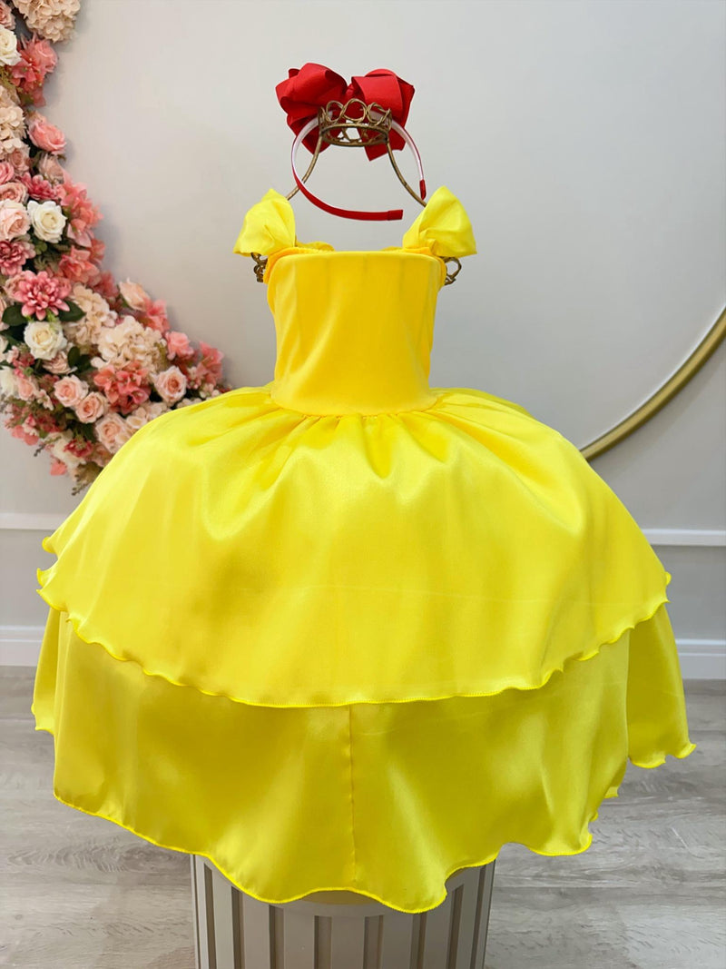 Vestido Fantasia Temático Menina Personagem Bela e a Fera Amarela Com Renda Dourada Luxo