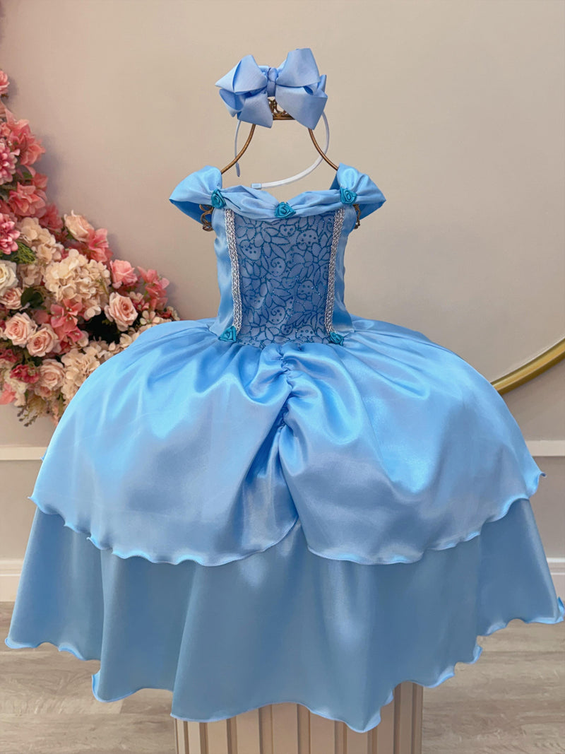 Fantasia Vestido Infantil Temático Princesa Frozen e Cinderela Renda Azul Claro Festa