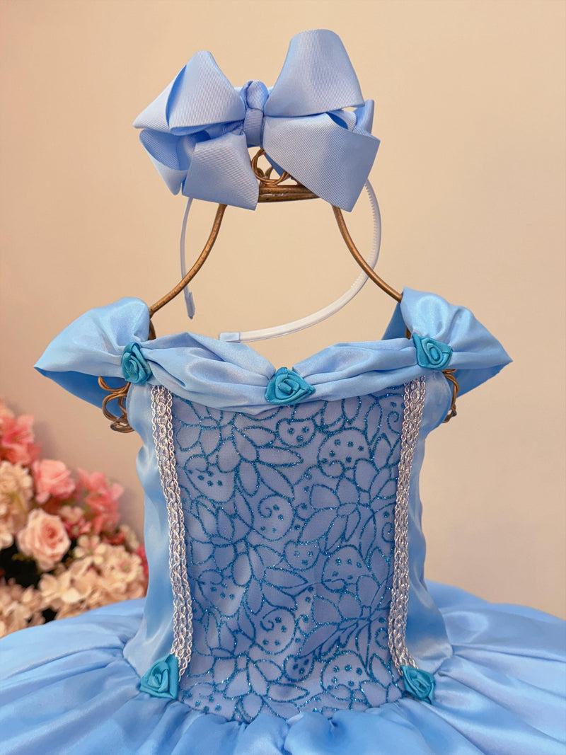 Fantasia Vestido Infantil Temático Princesa Frozen e Cinderela Renda Azul Claro Festa