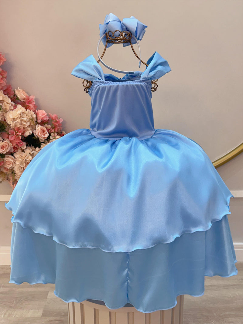 Fantasia Vestido Infantil Temático Princesa Frozen e Cinderela Renda Azul Claro Festa