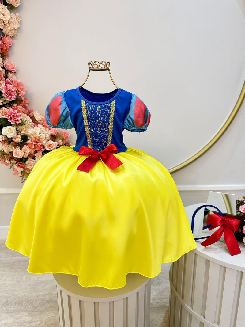 Vestido Fantasia Menina Temático Personagem Infantil Branca de Neve Amarelo Azul Vermelho Capa Tiara Festa Luxo