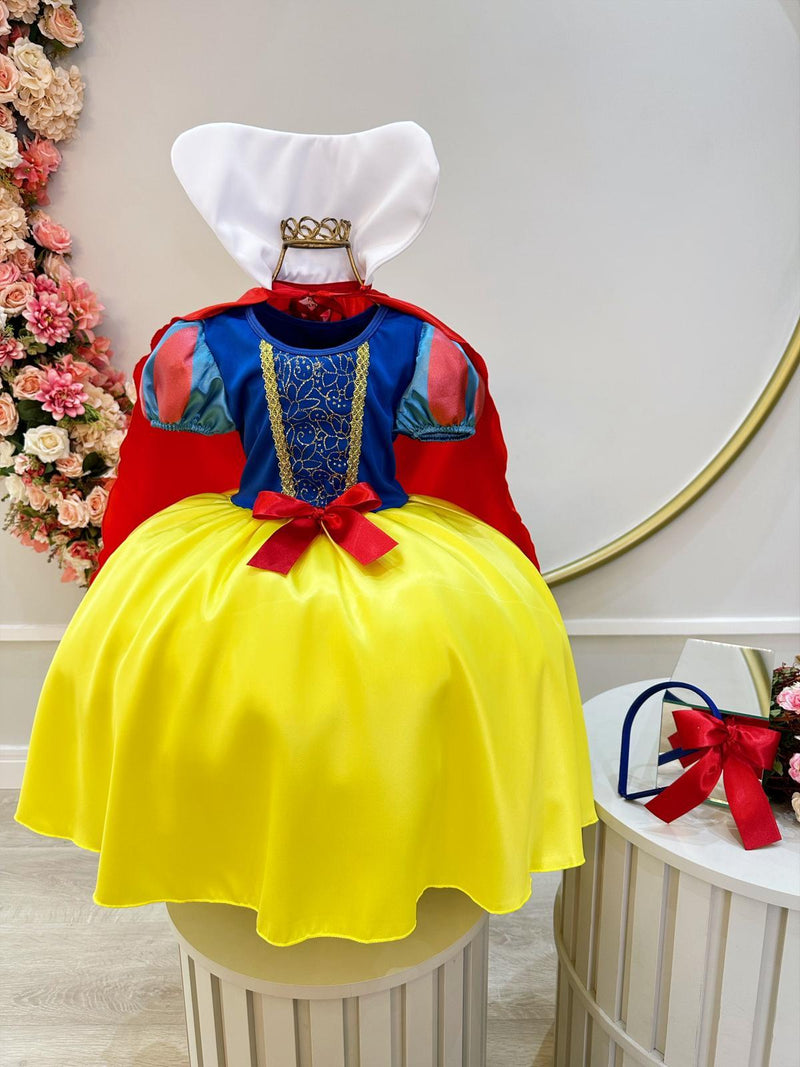 Vestido Fantasia Menina Temático Personagem Infantil Branca de Neve Amarelo Azul Vermelho Capa Tiara Festa Luxo