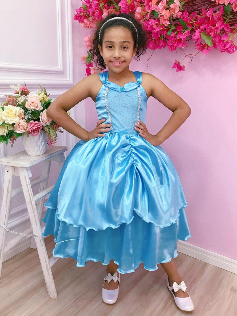 Fantasia Vestido Infantil Temático Princesa Frozen e Cinderela Renda Azul Claro Festa