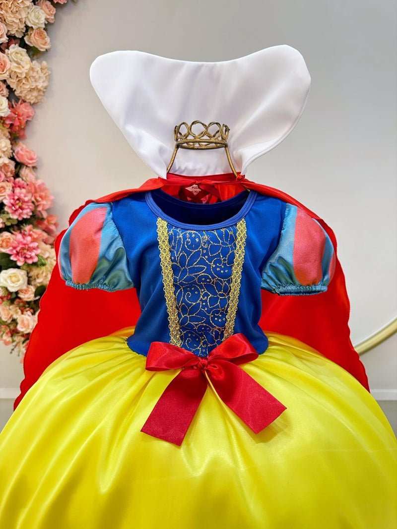 Vestido Fantasia Menina Temático Personagem Infantil Branca de Neve Amarelo Azul Vermelho Capa Tiara Festa Luxo