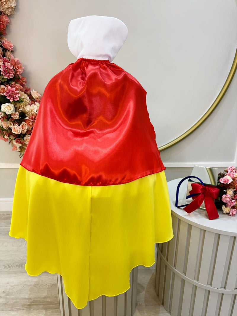 Vestido Fantasia Menina Temático Personagem Infantil Branca de Neve Amarelo Azul Vermelho Capa Tiara Festa Luxo