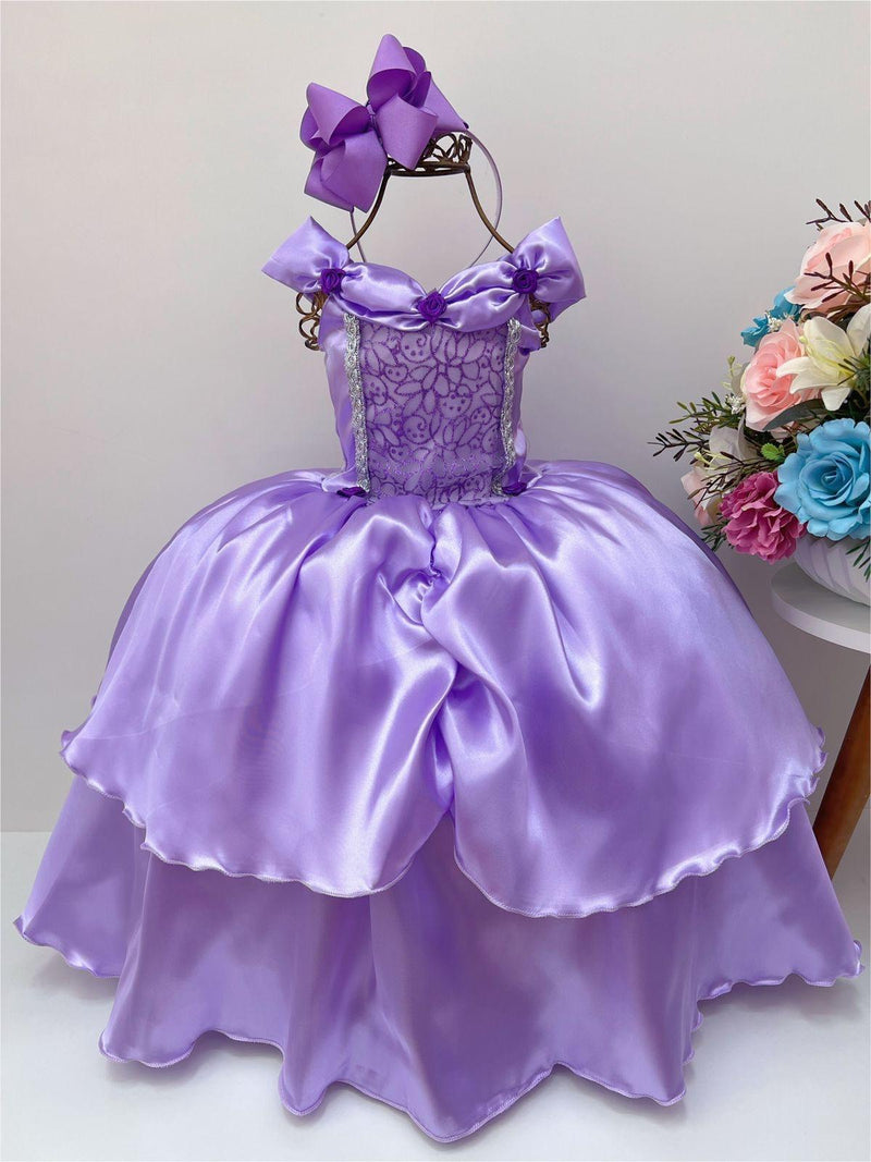 Fantasia Vestido Temático Menina Infantil Princesa Sofia e Rapunzel Lilás Renda Luxo Festa