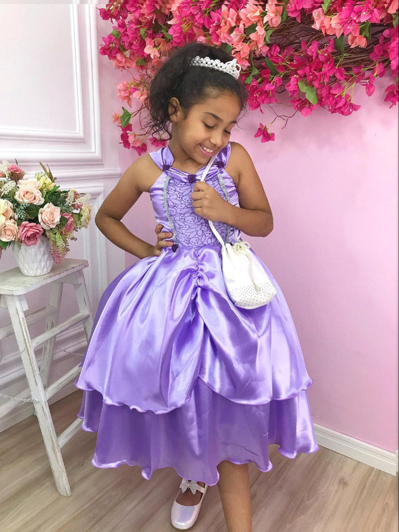 Fantasia Vestido Temático Menina Infantil Princesa Sofia e Rapunzel Lilás Renda Luxo Festa